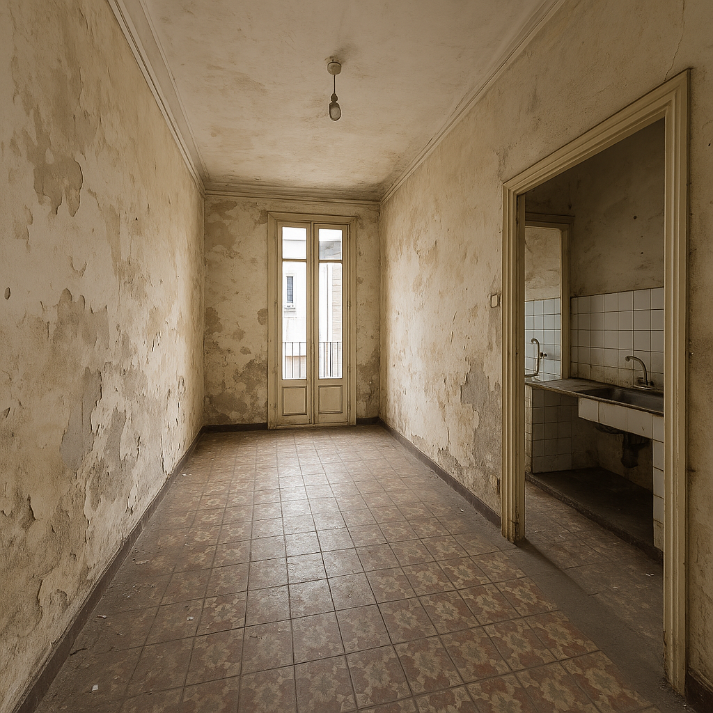 Salón modernista renovado con paredes blancas limpias, suelo de madera moderna, iluminación empotrada, puertas francesas modernas con acceso a balcón y vista a cocina blanca actualizada