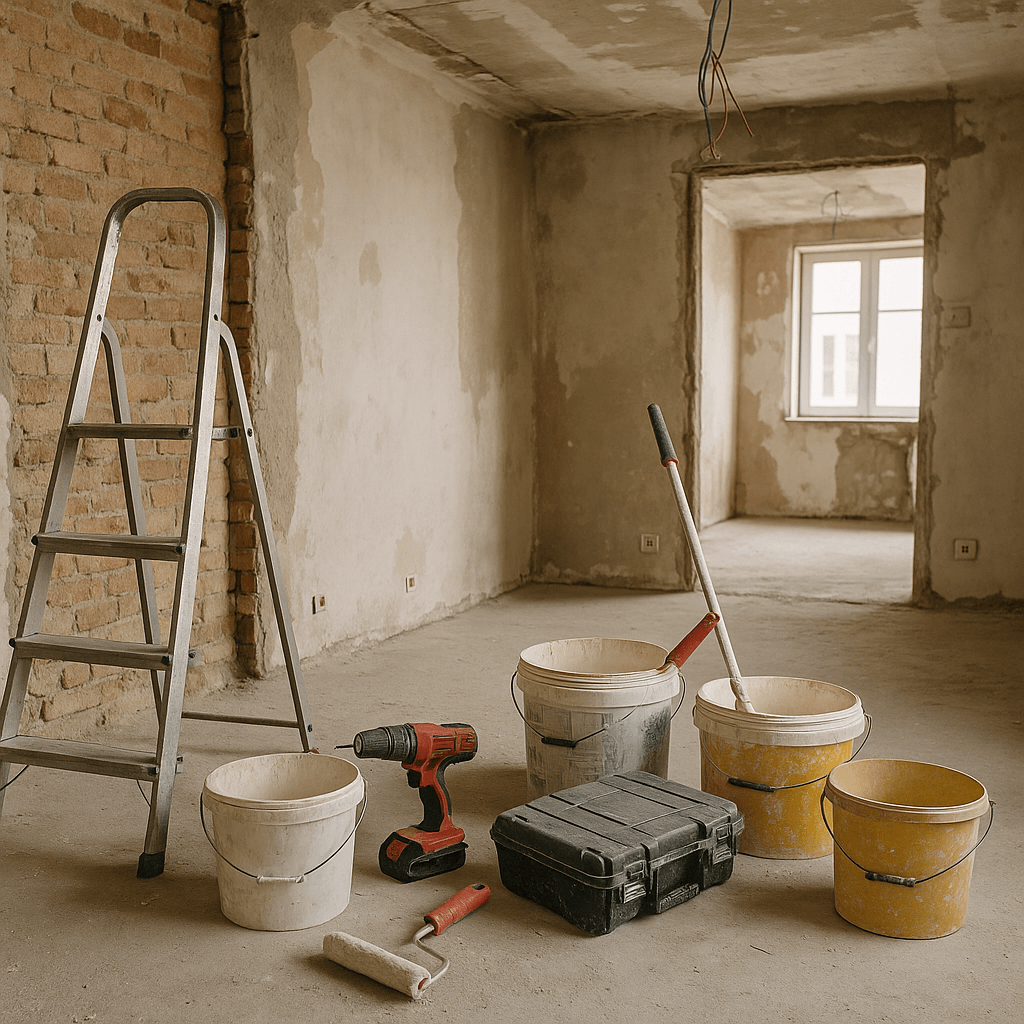 Icon representing complete home renovation services with tools and design elements