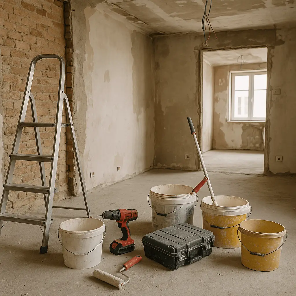 Icon representing complete home renovation services with tools and design elements