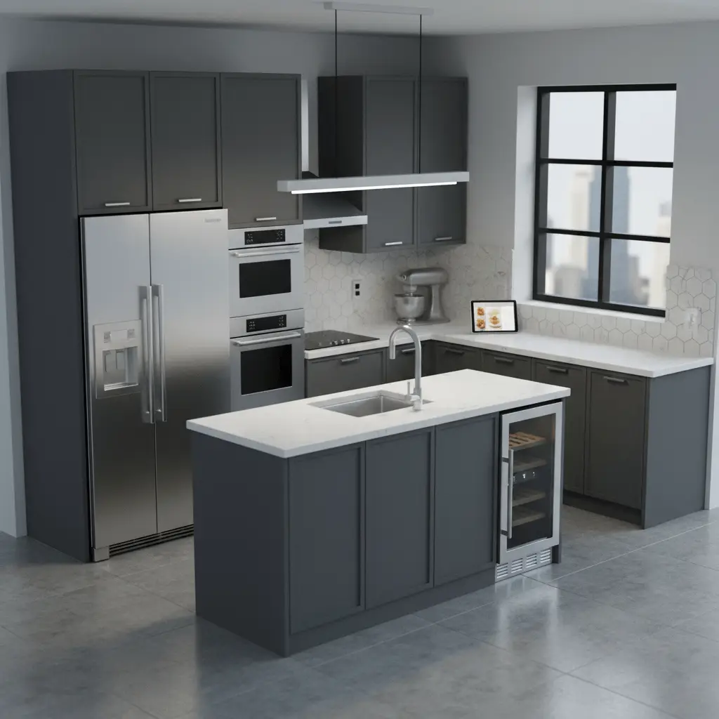 Modern kitchen design icon showing contemporary kitchen layout and appliances